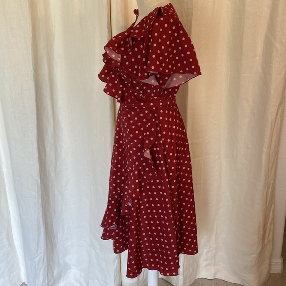 Unique Vintage Red and Cream Polkadot Ruffled Wrap Dress - Picture 4 of 7